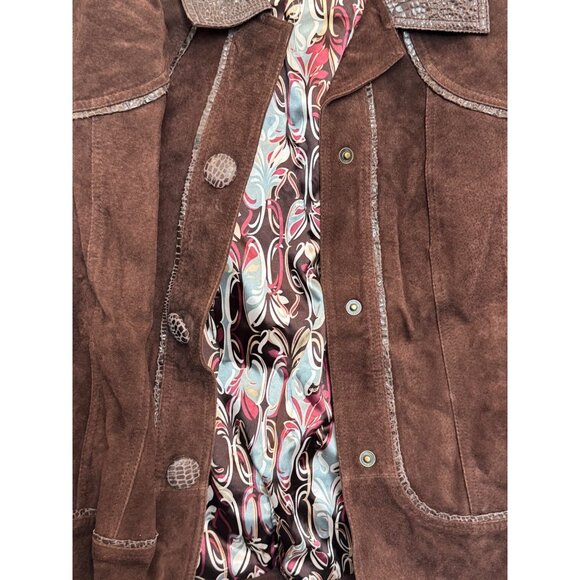 Live A Little Womens Cropped Jacket 1X Brown Embossed Trim Button Down - Picture 2 of 5